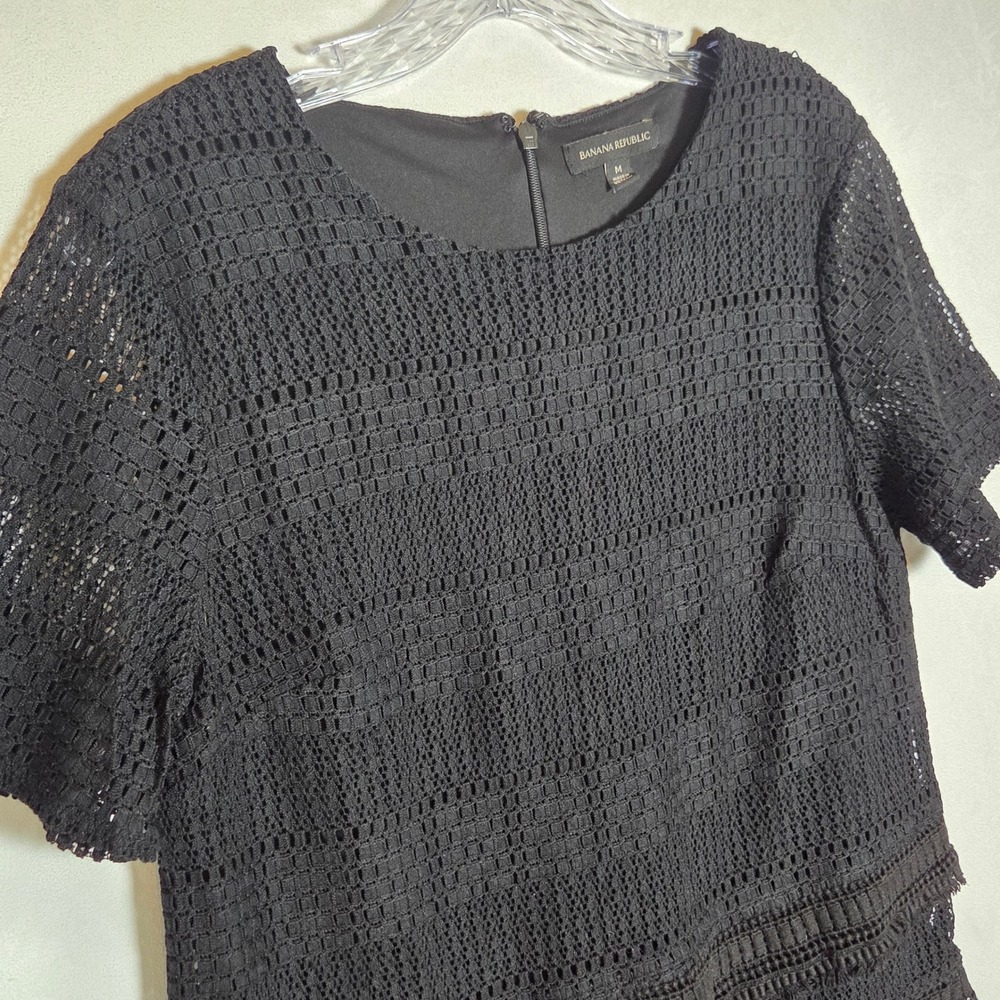 Banana Republic Black Lace Tiered Fringe Eyelet Blouse Whimsigoth Chic Dark Boho